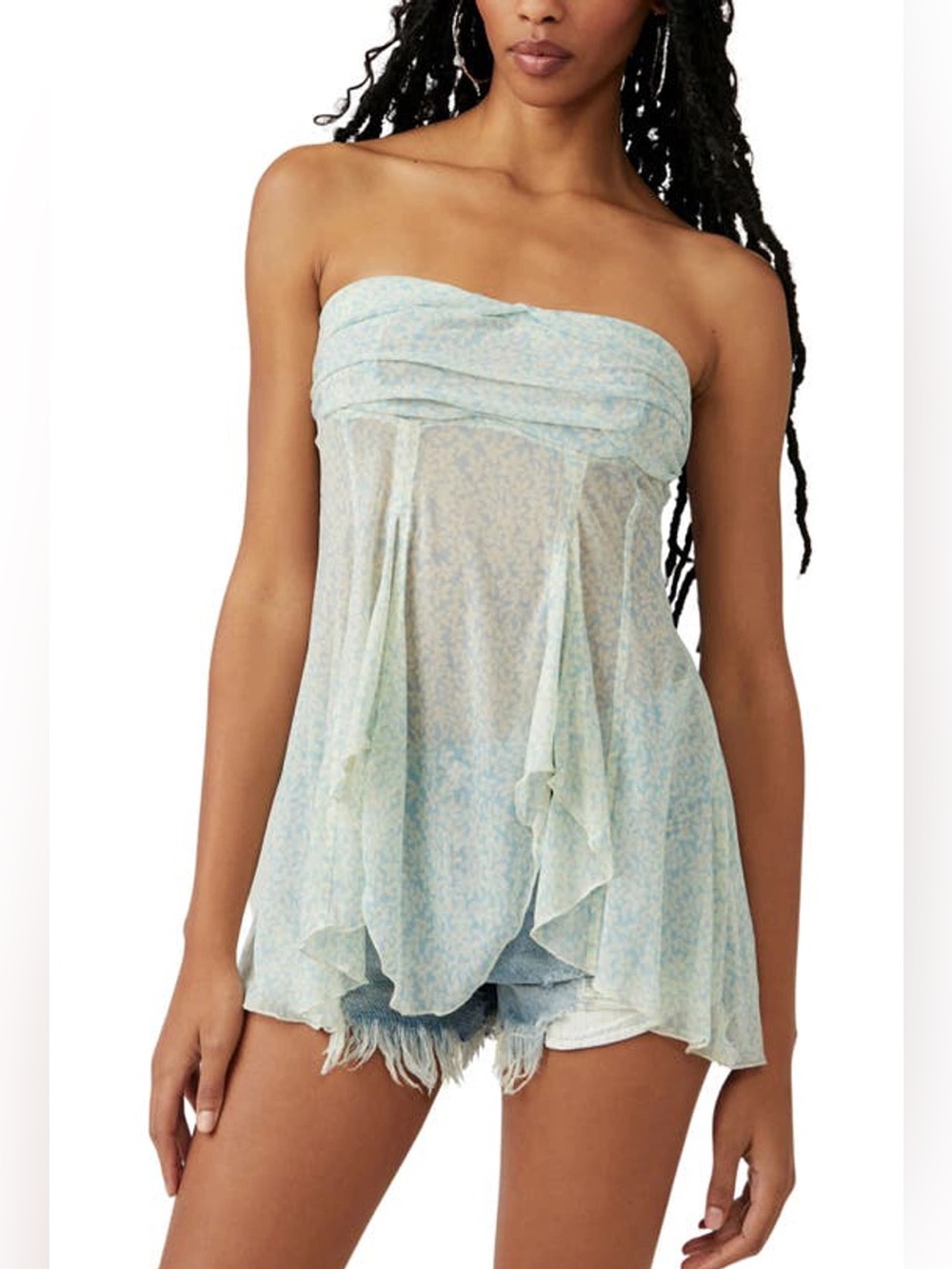 Free People Floral Strapless Peplum Top In Blue Combo Size M